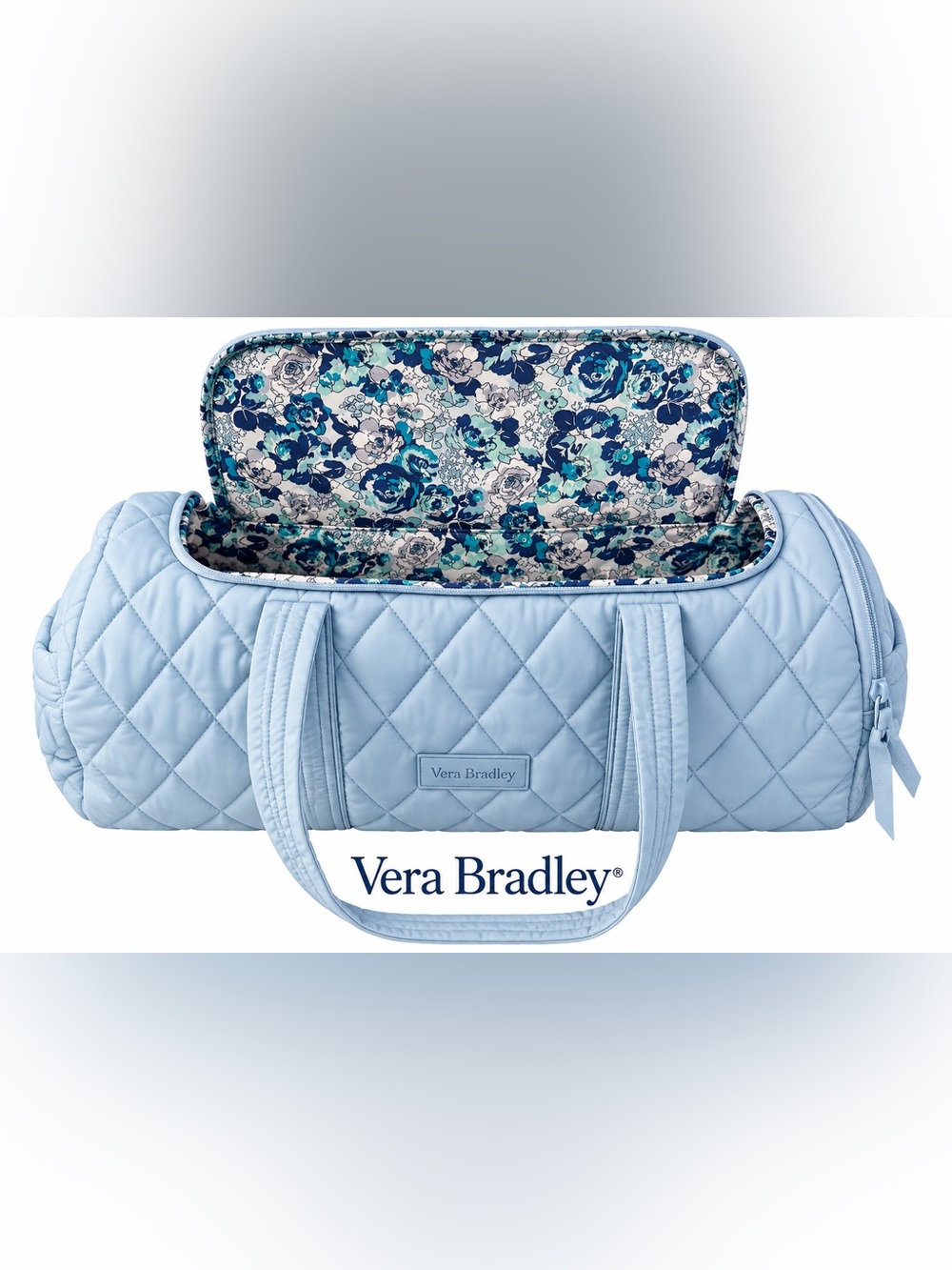 Vera Bradley Light Blue Quilted Duffel Travel Gym Bag Floral Lining 19”